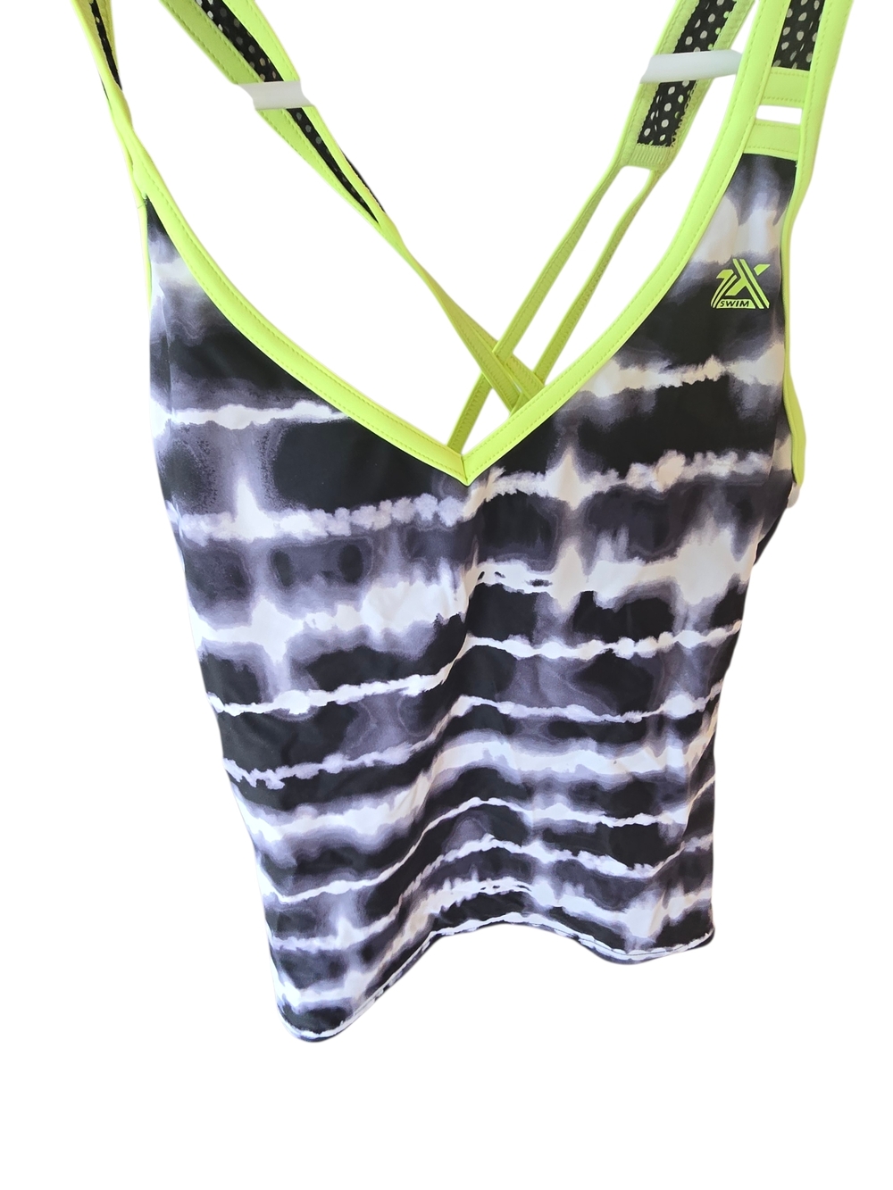 Swimwear. Women ZeroXposur Black & White Tie-Dye Tankini Top - Neon Yellow Trim